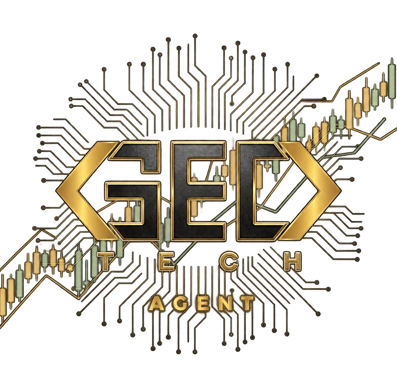 GEDTech Agent emblem with candlestick charts and circuit traces